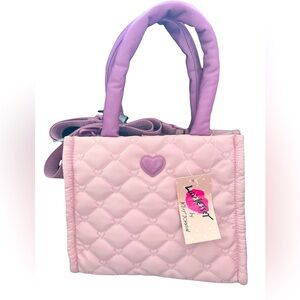 NWT Betsey Johnson Blush "LBsian Nylon Puffy Tote with Violet handles 10x11x5